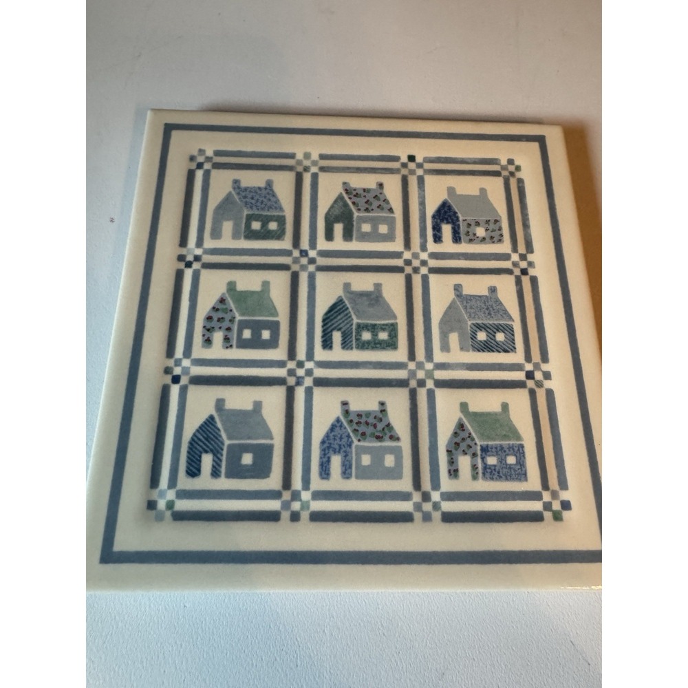 1995 School House Quilt Ceramic Tile Trivet Wall Art Americana Country Decor 7in